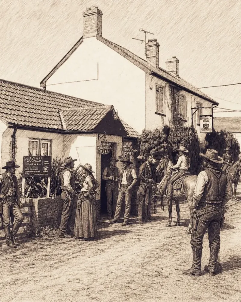 An illustrated, sepia-toned view of the Wyndham Arms with figures and horses outside